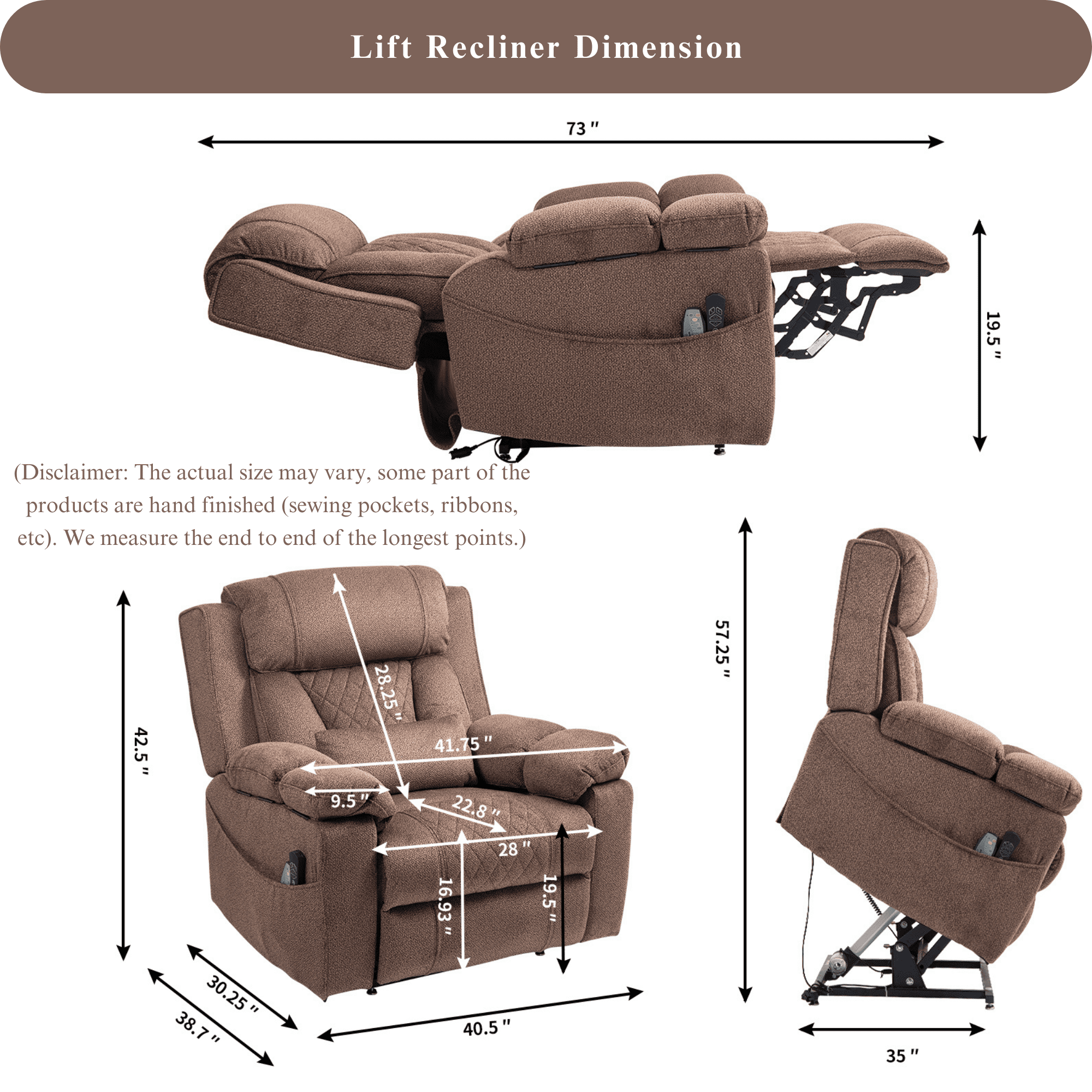 Lift Chair for Elderly Big Man Recliner Adult 28-Inch Wide Seat – Lay Flat Lift Recliner with Heat Massage - Flip Arm Storage Cup Holders - USB Type C Charging - Big Tall 400 lbs
