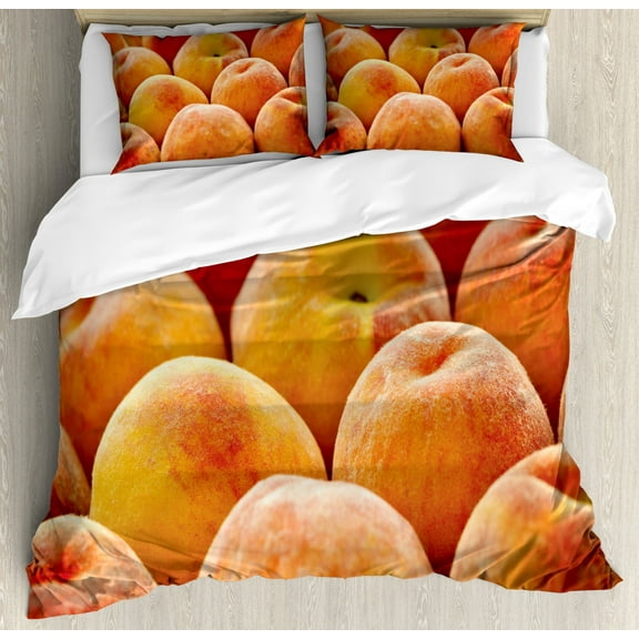 Peach Queen Size Duvet Cover Set, Close up Photo of Newly Picked Nutritious Fruit in a Market Fuzzy Skin Sweet Taste, Decorative 3 Piece Bedding Set with 2 Pillow Shams, Orange Yellow, by Ambesonne