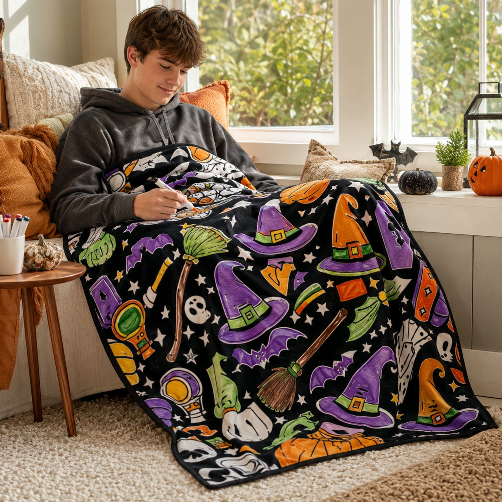 Washable DIY Coloring Blanket, Color Your Own Throw Blanket for Adults & Kids, Creative Art Blankets, Personalized Home Decor for Gifts & Holidays (Halloween)