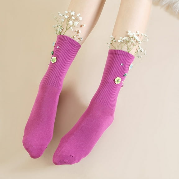 Lroveb Crew Socks for Women Dress Socks Lightweight Thin Casual Calf Solid Color Flower Butterfly Socks