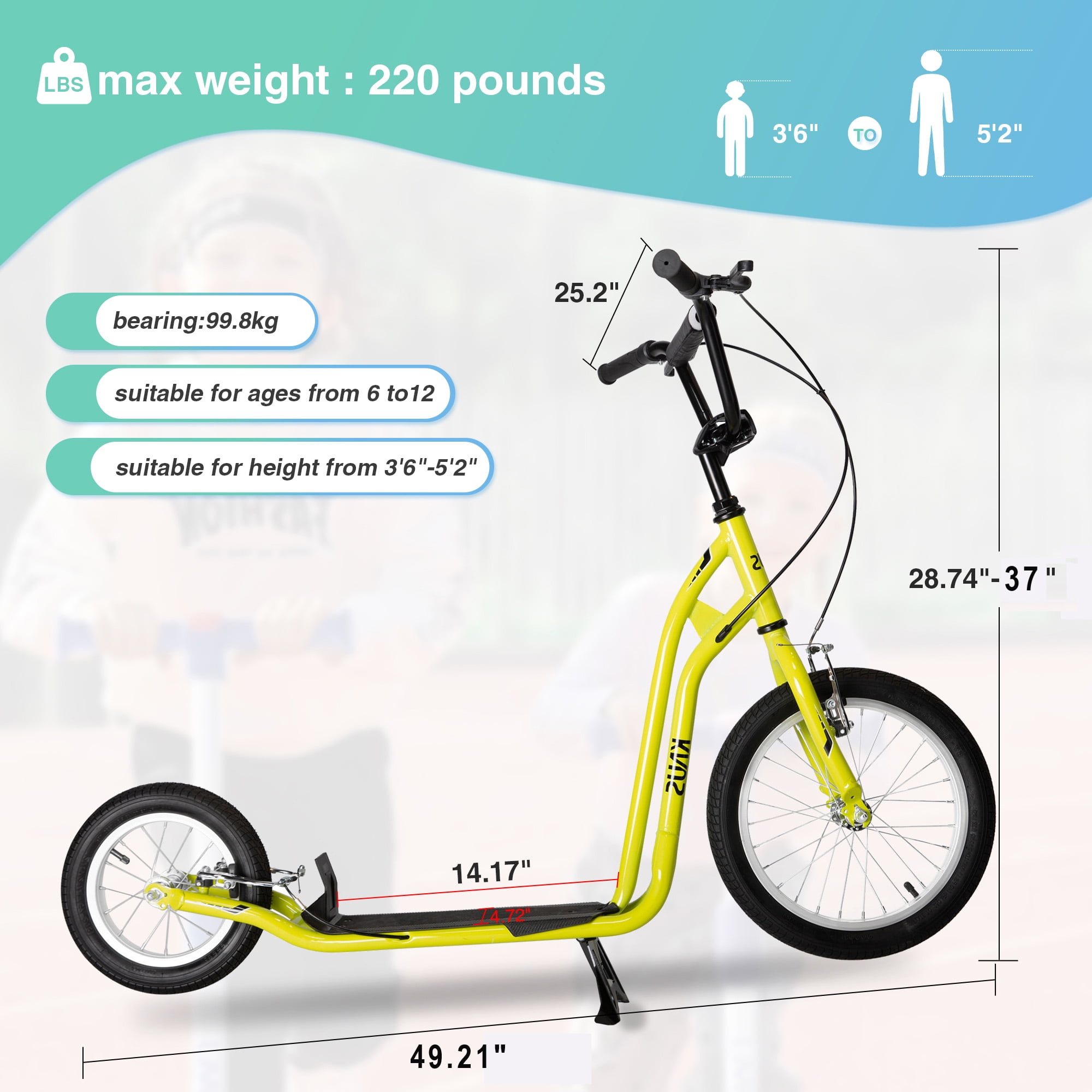 CIPACHO Youth Scooter Kick Scooter for Kids 5+ with Adjustable Handlebar 16" Front and 12" Rear Dual Brakes Inflatable Wheels, Yellow CIPACHO Youth Scooter Kick Scooter for Kids 5+ with Adjustable Handlebar 16" Front and 12" Rear Dual Brakes Inflatable Wheels, Yellow