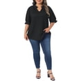 thumbnail image 2 of Agnes Orinda Women's Plus Size Textured Top Ruffled Trim Notch V Neck Puff Sleeves Summer Blouse 1X Black, 2 of 6