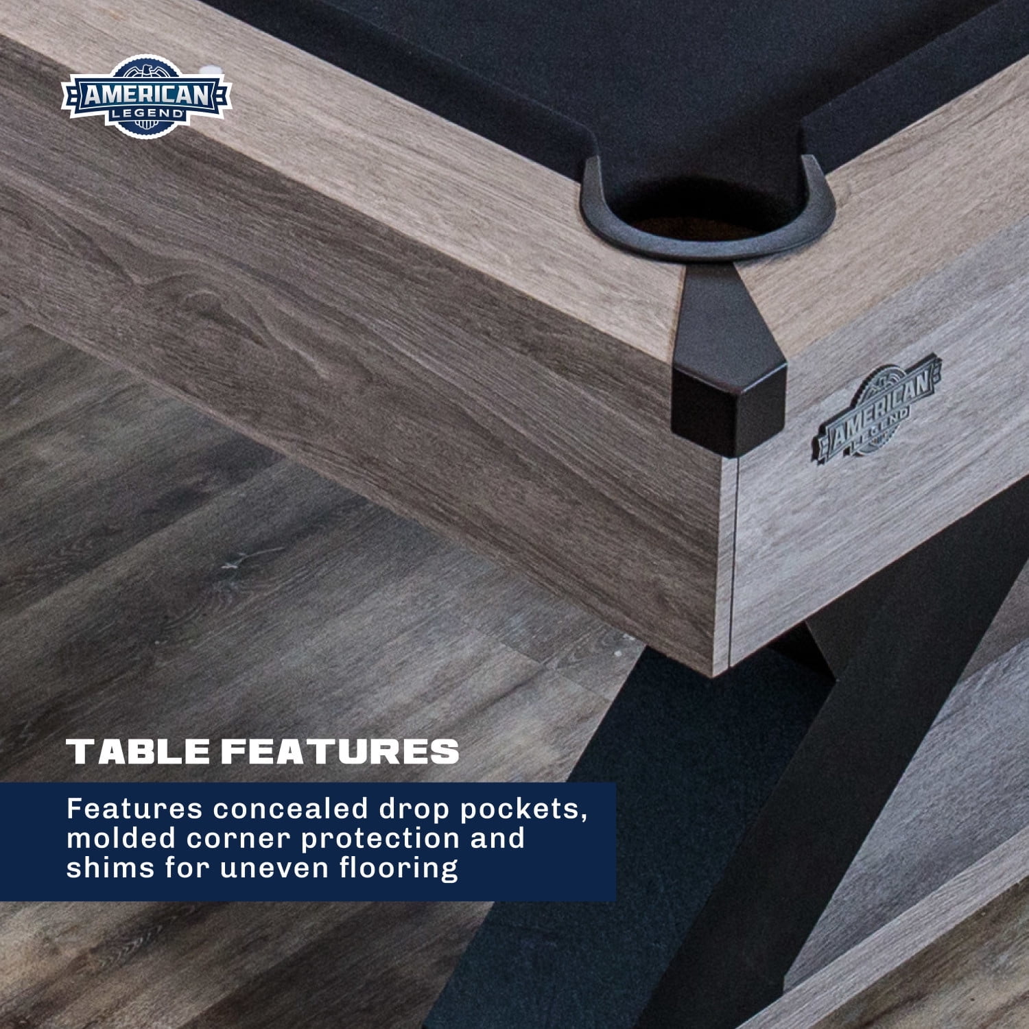 American Legend Kirkwood 90 Billiard Table with Rustic Finish, K-Shaped Legs and Black Cloth