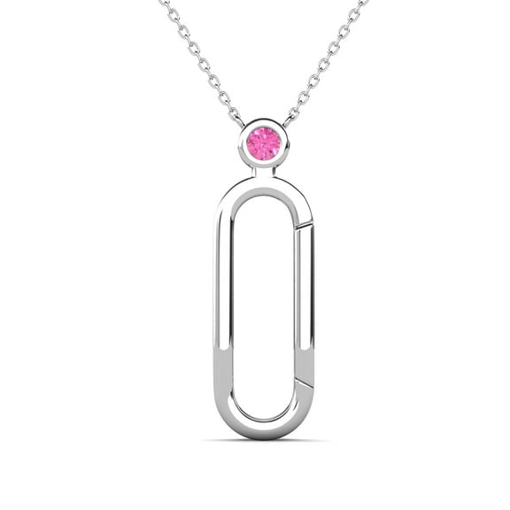 TriJewels Round Pink Sapphire Accent Paperclip Charm Holder Pendant Necklace in 10K White Gold