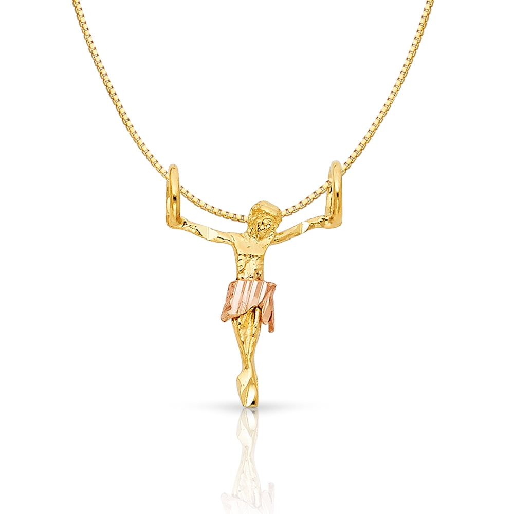 14K Two Tone Gold Jesus Crucifix Cross Religious Charm Pendant with 0.8mm Box Chain Necklace