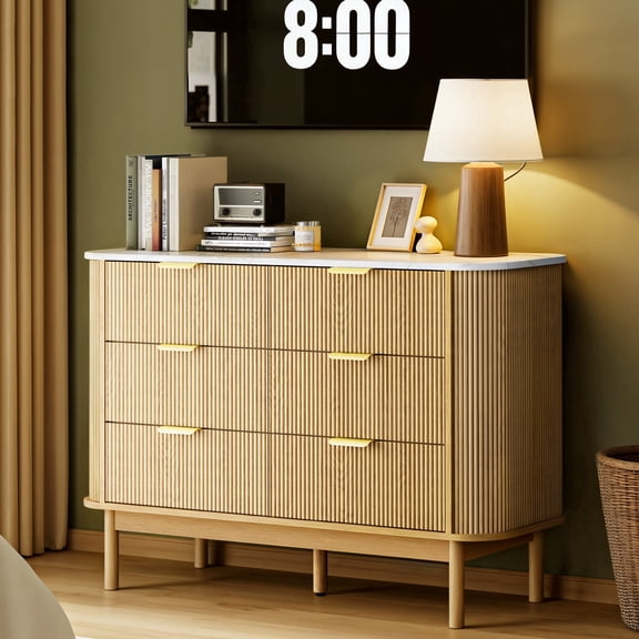 PamapicLife 47" Wooden Buffet Cabinet Curved Profile Design With Faux Marble Top