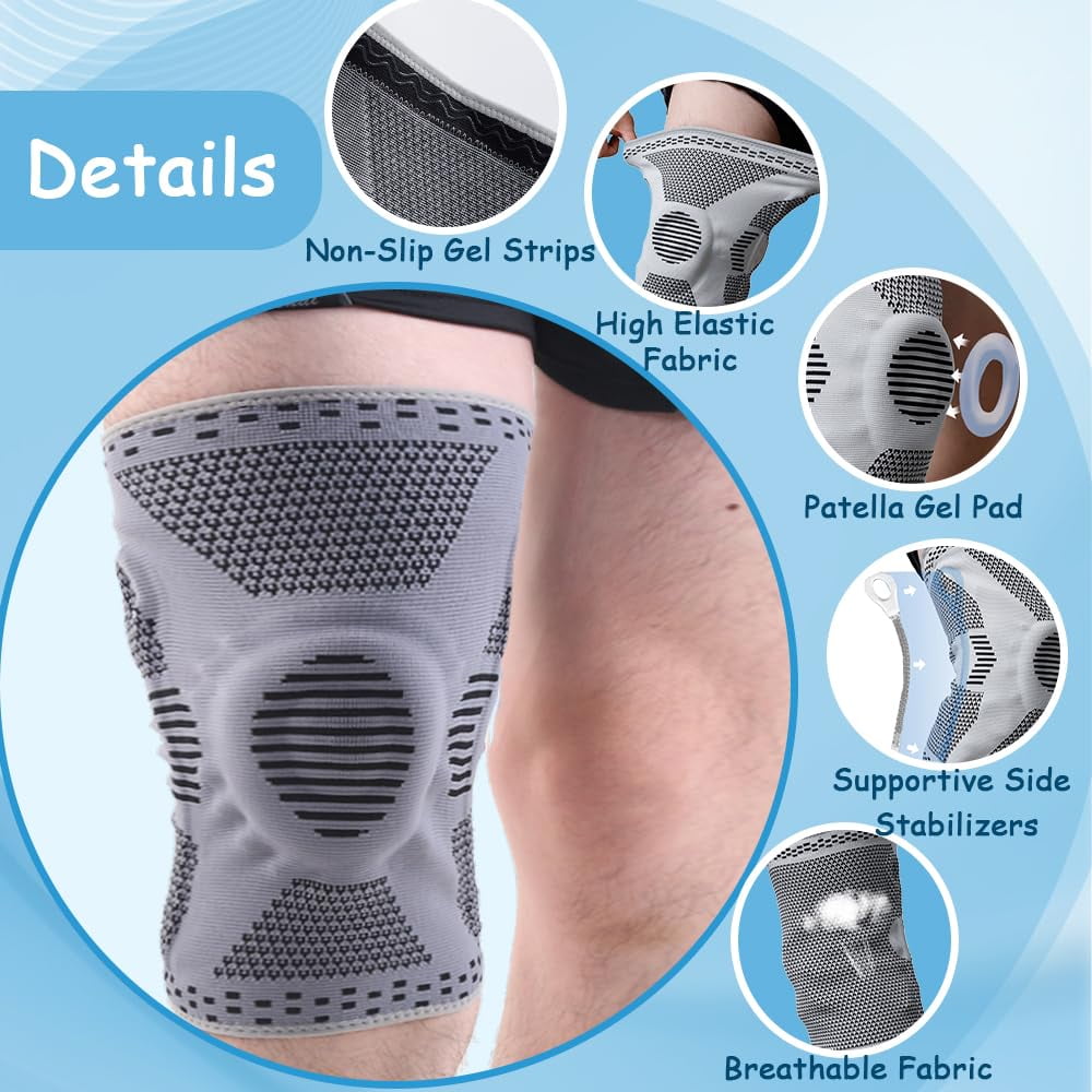 Plus Size Knee Sleeve 3XL/4XL, Knee Brace for Women Plus Size with Patella Gel Pad & Side Stabilizers, Compression Sleeve for Pain Relief, Arthritis, Workout, Sports. Gray