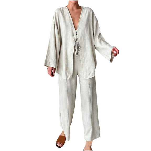 Fesfesfes Women's Comfy Two-Piece Set Solid Color Long Sleeved Round Neck Tie-Up Detail Top Casual Loose Trousers for Outings and Lounging(Gray,S)