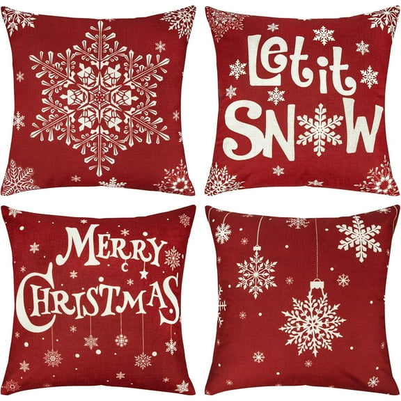 Outdoor Christmas Pillows, Winter Xmas Holiday Farmhouse Christmas Pillow Covers 18x18 Set of 4, Snowflake Red Christmas Decorations Indoor Throw Pillows Cases for Home Couch Sofa Bed
