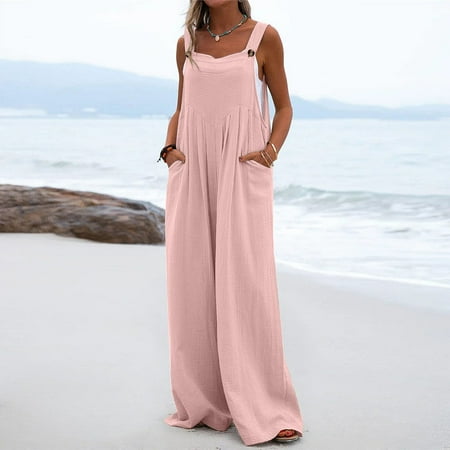 

LINMOUA Women One Piece Button Up Jumpsuit Casual Loose Sleeveless Rompers with Pockets