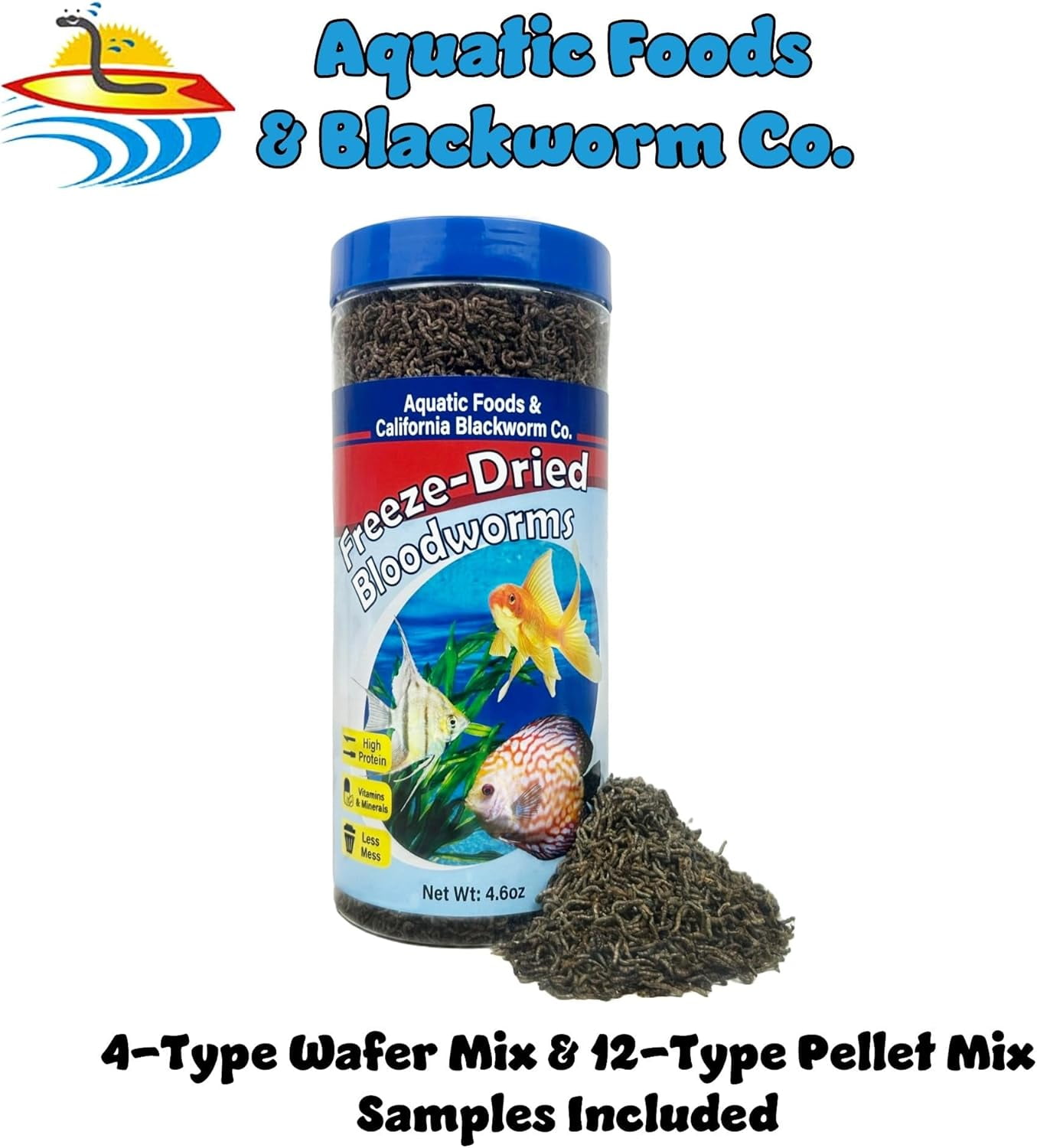 Bloodworms, Grade A Freeze Dried Bloodworms for Cichlids, Discus, Angel Marine Fish, Bettas All Tropicals Wafer & Pellet Mix Included 4.6oz Canister