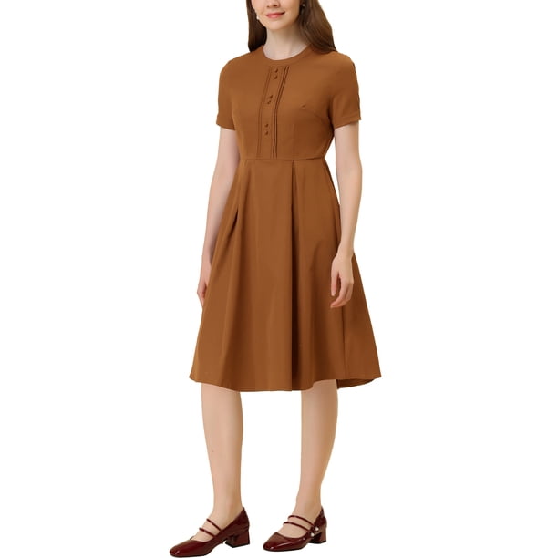 Vestido midi vintage de los años 50 para mujer, de cuello redondo y manga corta, con pliegues, color marrón