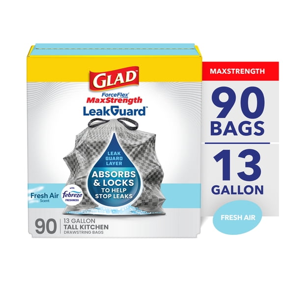 Glad ForceFlex MaxStrength LeakGuard Tall Kitchen Trash Bags, 13 Gallon, Fresh Air, 90 Bags
