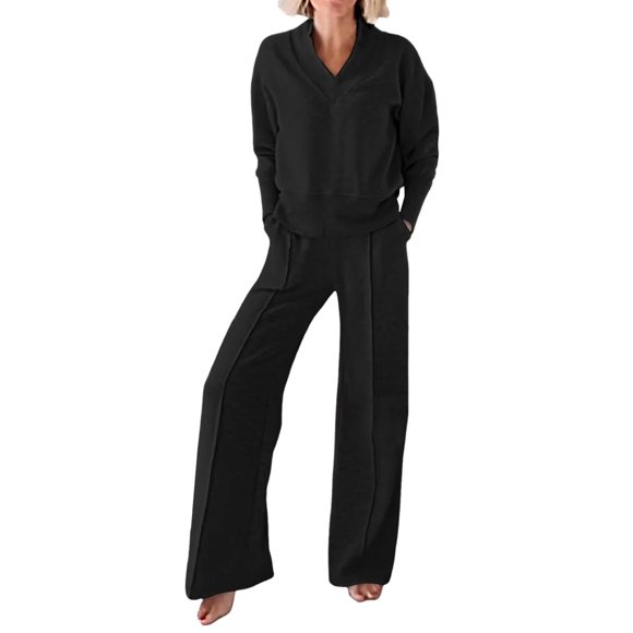 BYHONG Women's Wide Leg Pants Solid Color Leisure Two Piece Set Womens Pant Suits Black XXL
