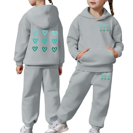 Girls Heart Print Sweatsuit Set 2PC Hooded Long Sleeve Cute Outfit Fall Winter Casual Clothes Set
