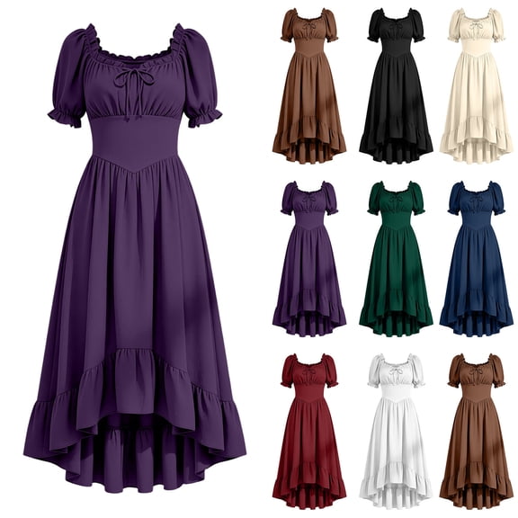 Renaissance Costume Women High Low Corset Dress Cottagecore Puff Sleeve Ruffles Fairy Dress