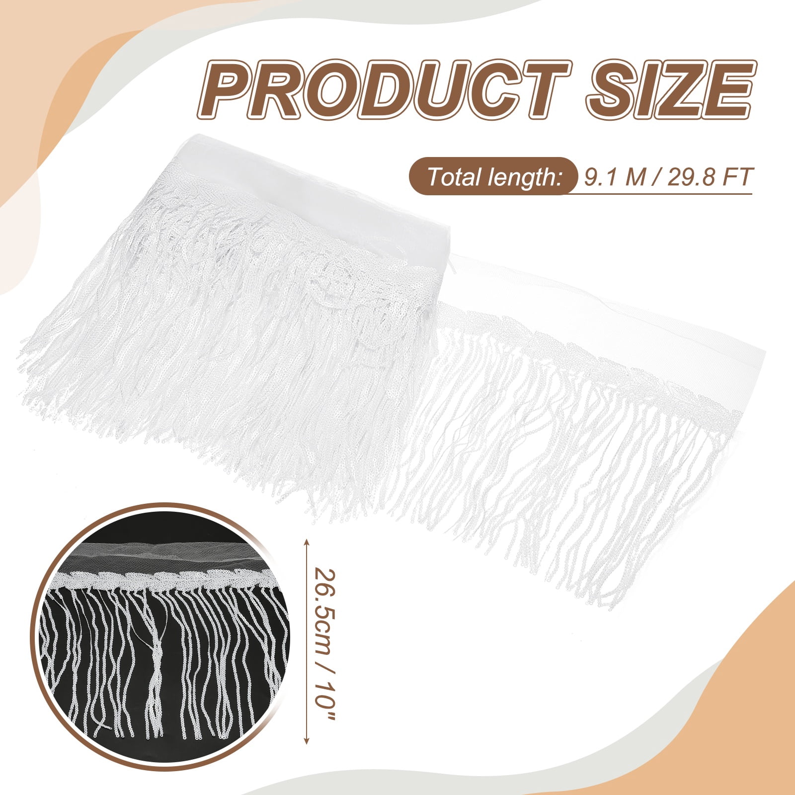 Uxcell 10 Yards 10 Inch Shiny Sequined Tinsel Fringe Trim, Sparkling Spangle Curtain Fringe Paillette Lace Fabric Streamer for DIY Latin Dance Costume Clothing Birthday, White