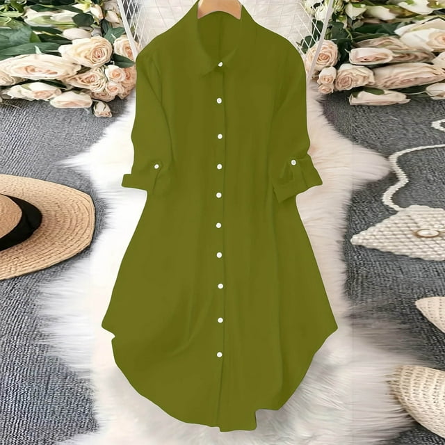 Soki Women's Button Down Shirt Dress with Pockets Oversize Collared Long Sleeve High Low Tunic Dresses Blouse