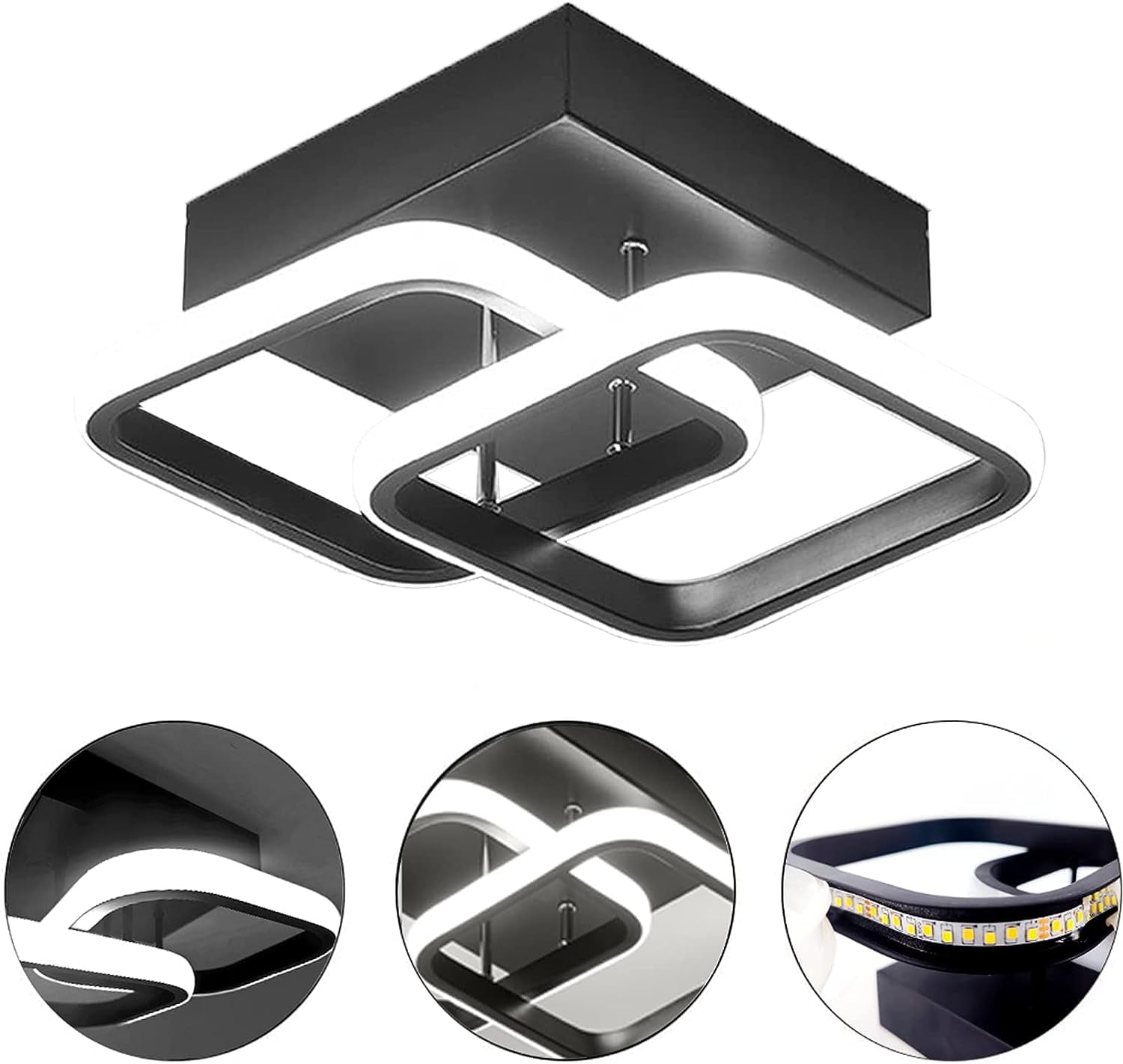 Modern Rectangular 2 LED Ceiling Light 22W Cool White Light 6000K Ceiling Light for Hallway Kitchen Living Room Studio(Black,1PCS)