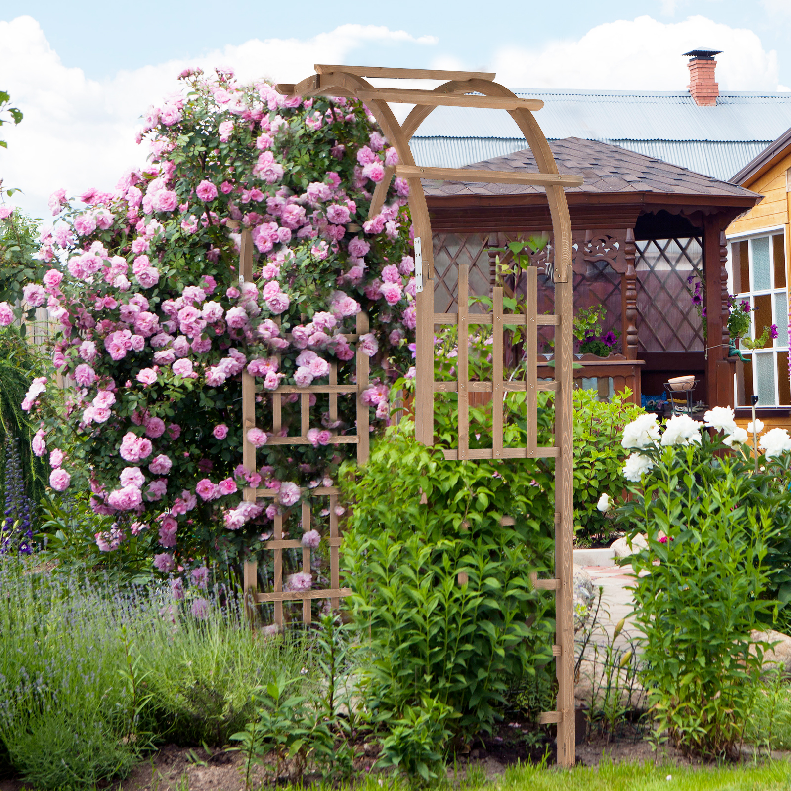 7 Ft Wooden Garden Arbor, Wedding Arch Backdrop Stand for Ceremony Party, Garden Pergola with Trellis for Climbing Plants, Dark Brown