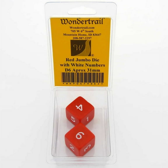 Red Jumbo Dice with White Numbers D6 31mm Pack of 2 Wondertrail