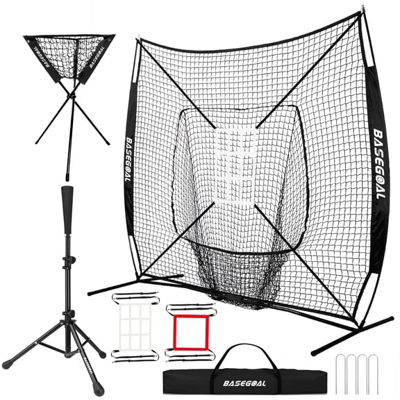 Baseball Tee Set, Baseball Traning Set with 7*7' Backstop Net and Baseball Batting Tee, Baseball Practice Set with Ball Caddy and Storage Bag, Bonus Strike Zone, Portable and Foldable