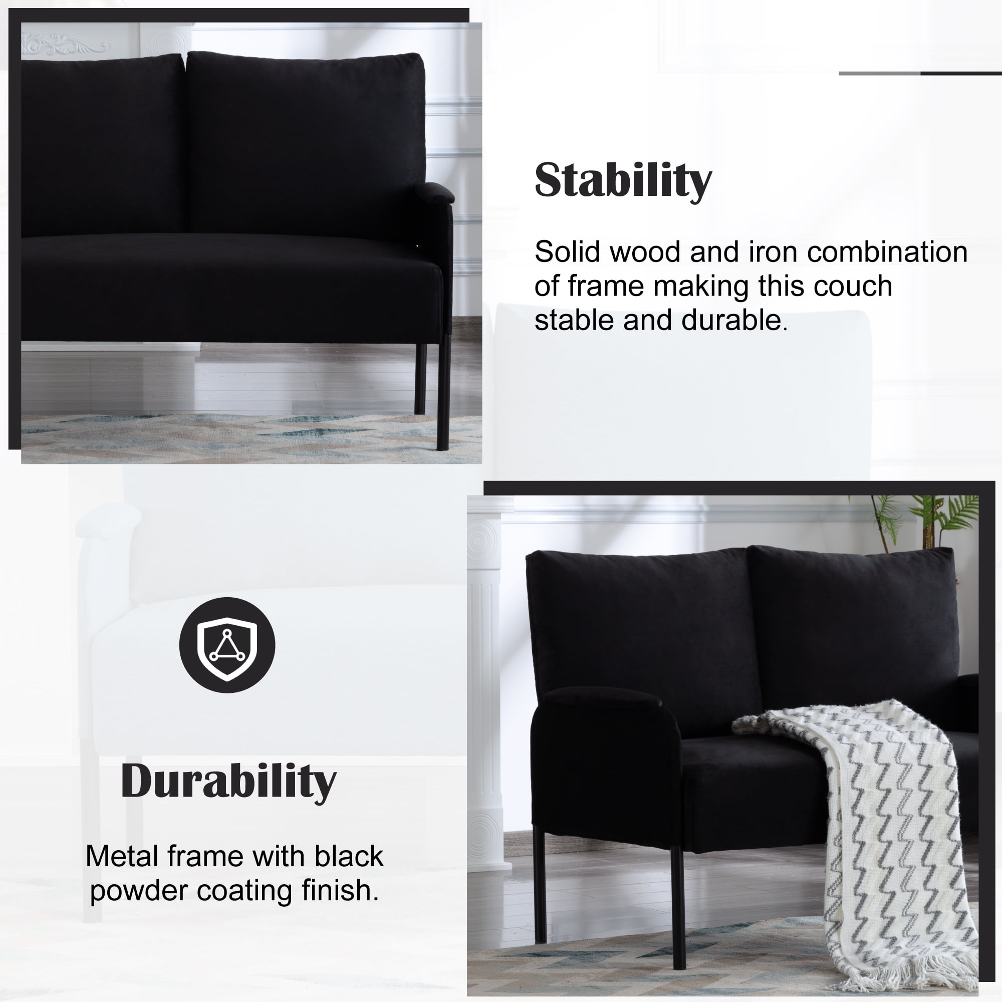 Gewnee 45.7”Loveseat Couch for Small Spaces,Mid-Century Modern 2-Seater Sofa with Metal Frame & Black Legs,Removable Washable Back Cushion Cover,Easy Assembly.Black