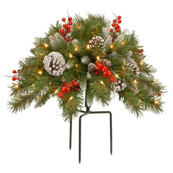National Tree Company Pre-Lit Artificial Urn Filler, Green, Warm White Lights, LED, Battery Operated, Timer, Berries and Pinecones, 18 Inch, Indoor or Outdoor Use.