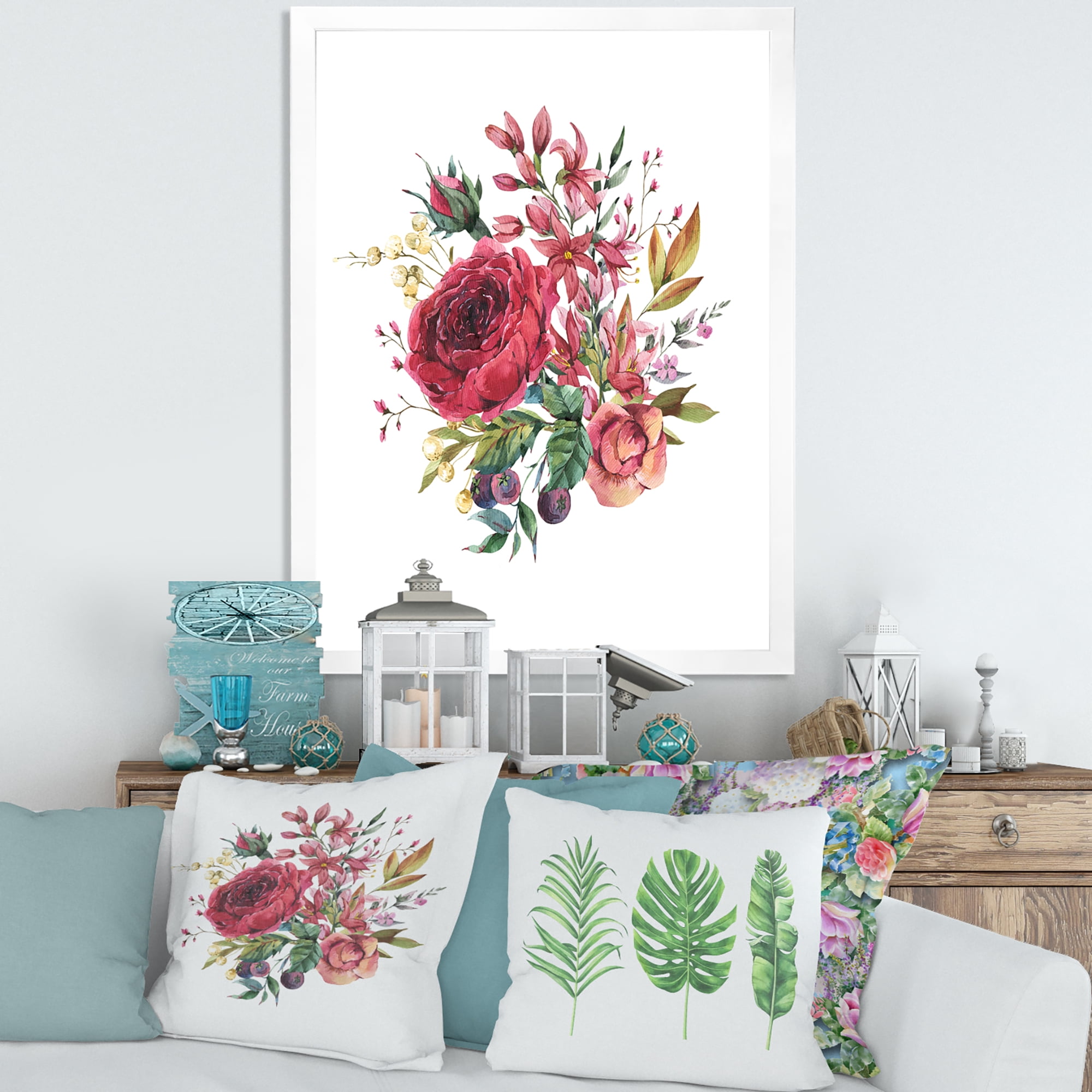 Designart 'Ancient Wildflowers and Burgundy Rose' Farmhouse Framed Art Print