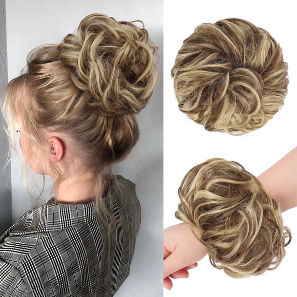 FESHFEN Messy Hair Bun Hair Pieces Wavy Curly Large Hair Bun Scrunchies Extensions Synthetic Chignon Hairpieces for Women Girls, Light Brown & Blonde 1.94oz