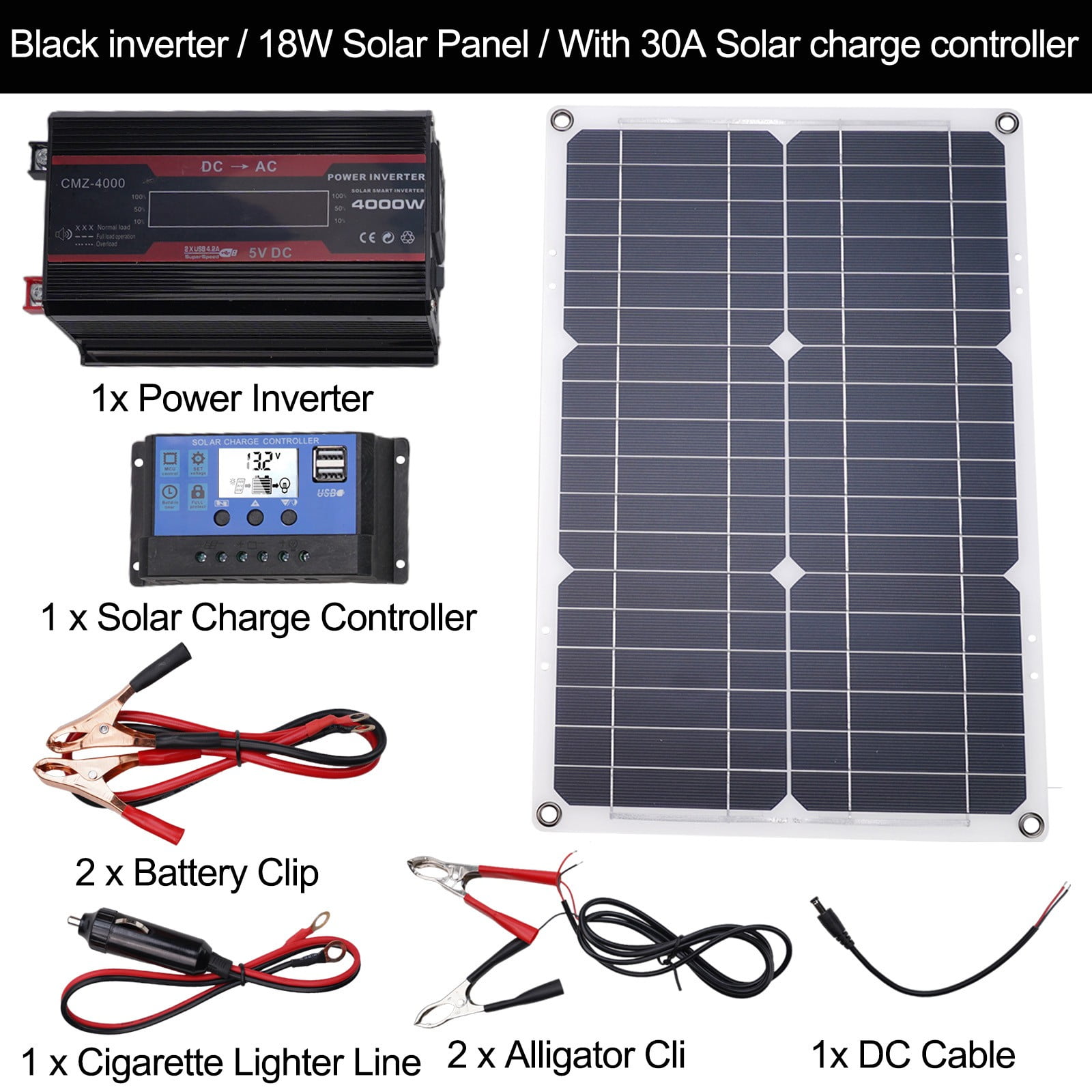 CHENGSI Solar Panel Kit, DC12V to AC220V Complete 4000W Solar Inverter System Kit, 18W Waterproof Folding Solar Panel, 12V100A Solar Charge Controller with LCD Digital Display and 2 USB Ports