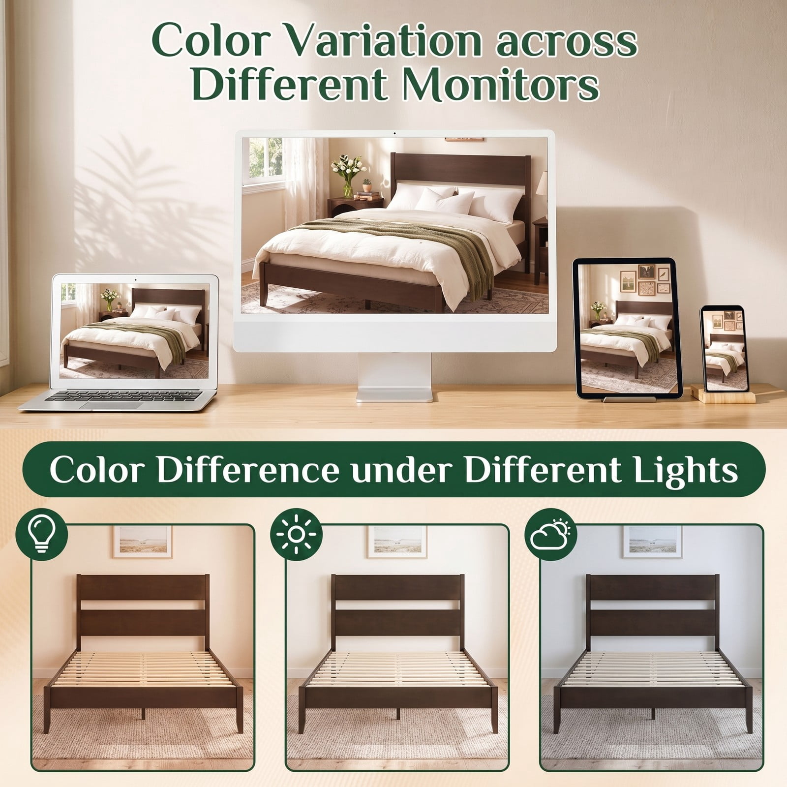 Furnibear Queen Bed Frame Wood Bed Frame with Open Slat Headboard, Queen Platform Bed Frame with Solid Wood Legs and 12 Slat Support, Dark Walnut