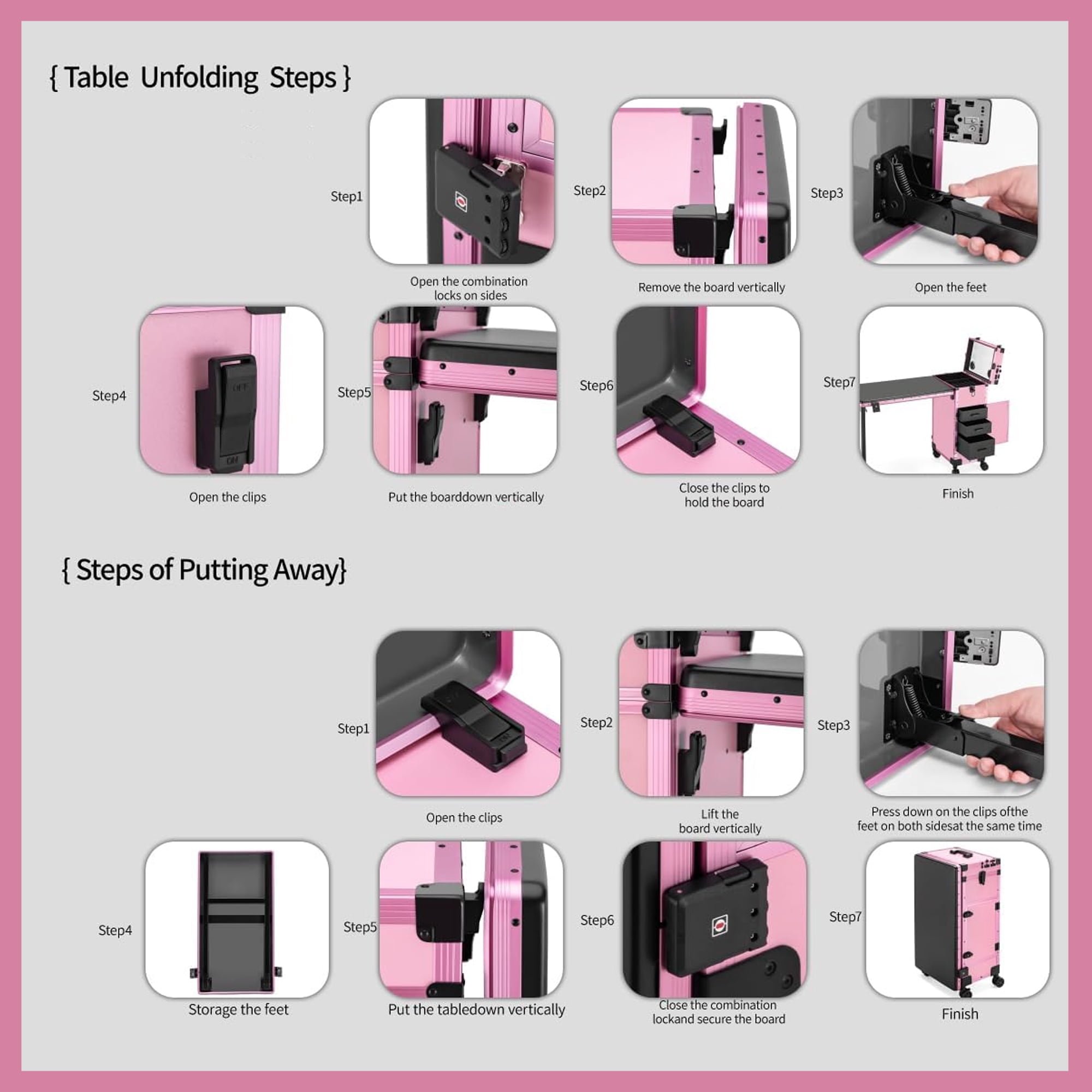Aukfa Rolling Portable Manicure Table,Folding Nail Table with LED Mirro,Wireless Speaker & Lockable Drawers for Home & Mobile Salon,Pink