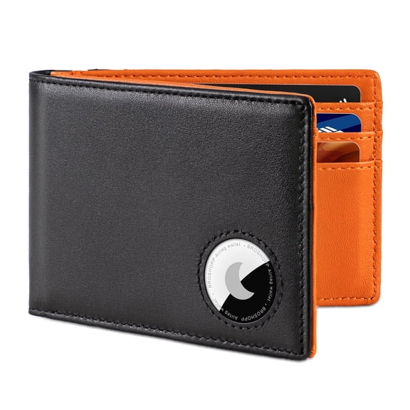 BROSHOPP Men’s Bifold Full-Grain Leather Wallet with AirTag Holder, RFID Blocking, 9 Card Slots, ID Window (Black & Orange)