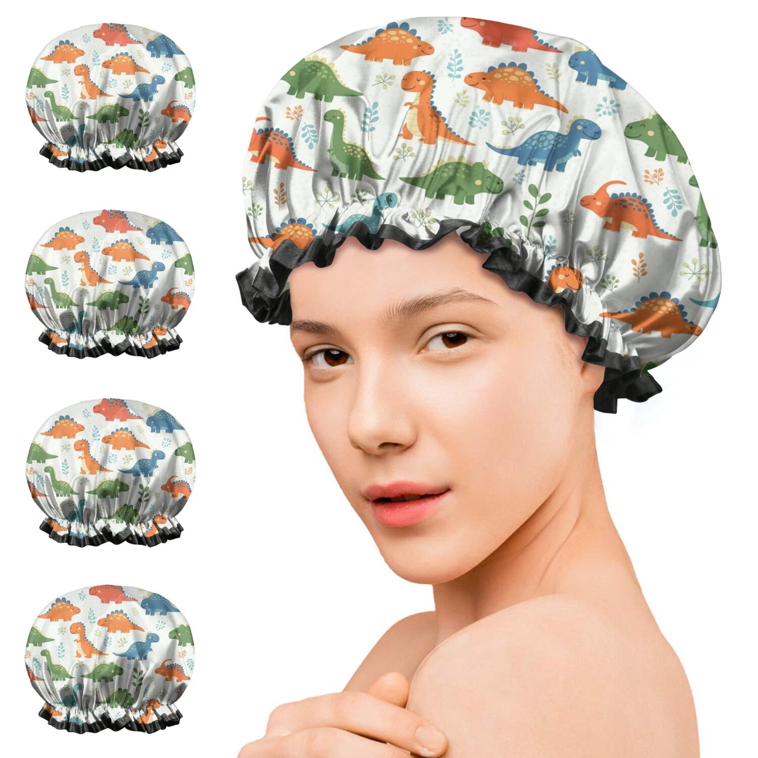 Shower Caps,White Cartoon Cute Dinosaurs Pattern Waterproof Shower Cap for Women 4 Pieces,Double Reusable Hair Cover for Shower PEVA Elastic Stretch Hem