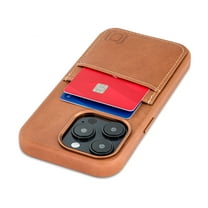 Dockem Genuine Leather Card Case For iPhone 15 Pro with Built-in Metal Plate for Magnetic Mounting, Stitched-on Wallet with 2 Credit Card Holders (Light Brown, M2GL)