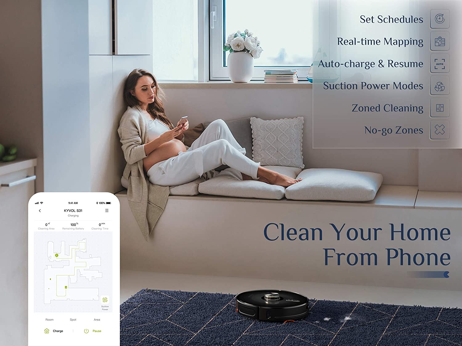 Kyvol Cybovac S31 Robot Vacuum and Mop, Automatic Dirt Disposal, Lidar Navigation, 3000Pa Suction Robotic Vacuum Cleaner with Mapping, 240 mins Runtime, Works with Alexa, Ideal for Pet Hair, Carpets - image 5 of 8