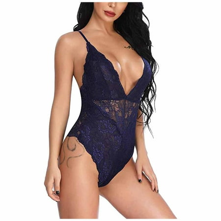 

Womens Lingerie Naughty Floral Lace Teddy Babydoll One Piece Bodysuit Sexy Deep V Neck Criss Cross Backless Sleepwear