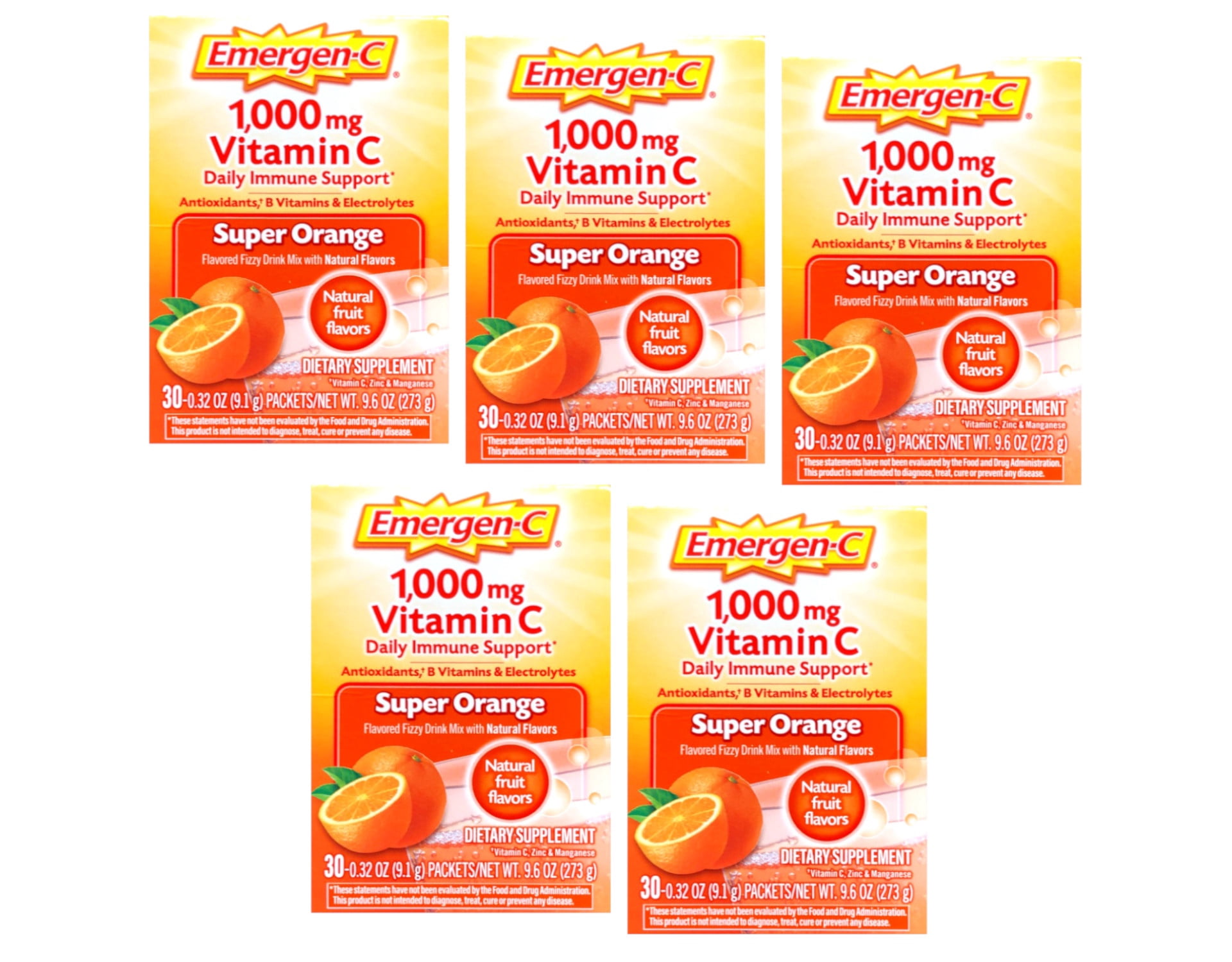 Emergen-C 1000Mg Vitamin C Powder for Immune Support Super Orange, 30 Count, 0.32 Oz Packets - 5 Pack