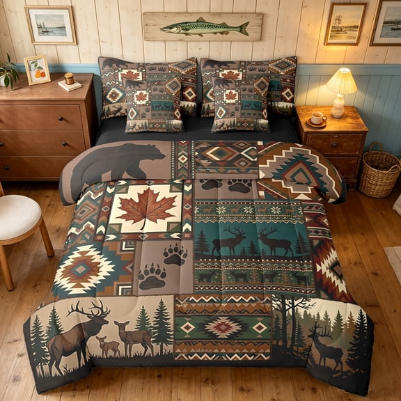 Manfei Farmhouse Grizzly Bear Twin Bedding, Bohemian Aztec Bedding Comforter Set, Brown Dark Green, Black Reversible, 7-Piece