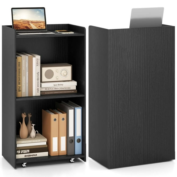 Gymax Set of 2 Rolling Podium Stand Mobile Lectern Stand w/ 2 Shelves & Lockable Wheels Black