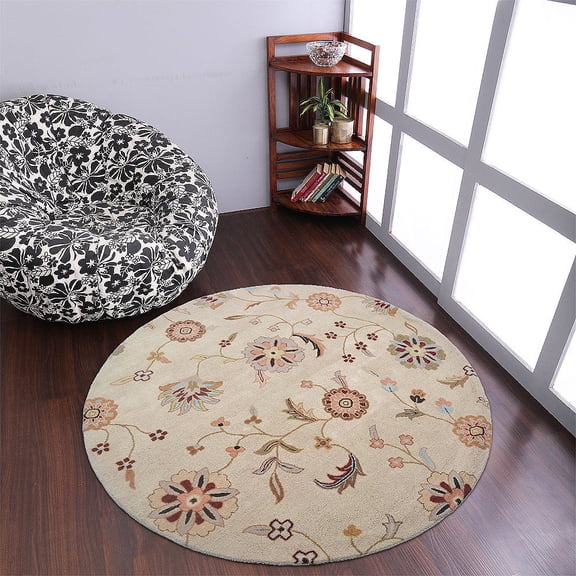 Rugsotic Carpets Hand Tufted Wool Eco-Friendly 8'x8' Area Rugs Round Cream Floral Modern High Pile Thick Handmade Anti Skid Indoor Rug for Living Room, Bedroom K00708