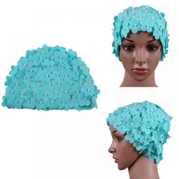 FNNMNNR Clearance! Handmade Swimming Cap Cozy Women Pearl Sewn Floral Elastic Breathable Quick Dry Bathing Hat Sportswear for Long Hair Blue