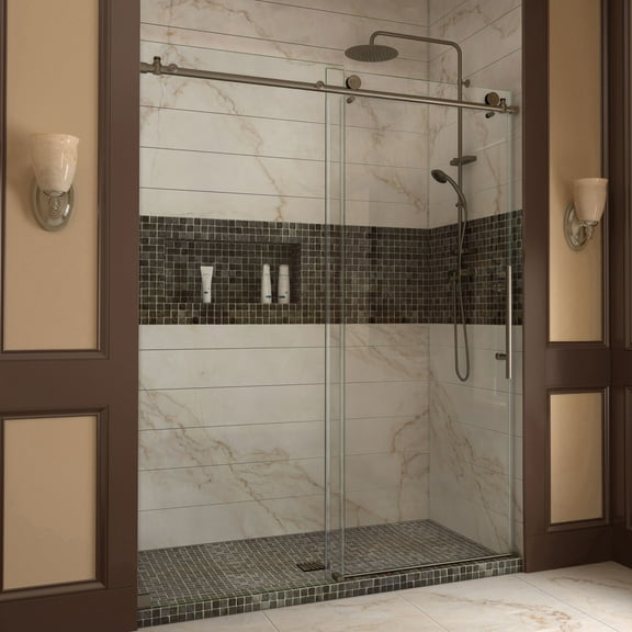 Enigma-X 56-60 in. W x 76 in. H Fully Frameless Sliding Shower Door in Brushed Stainless Steel