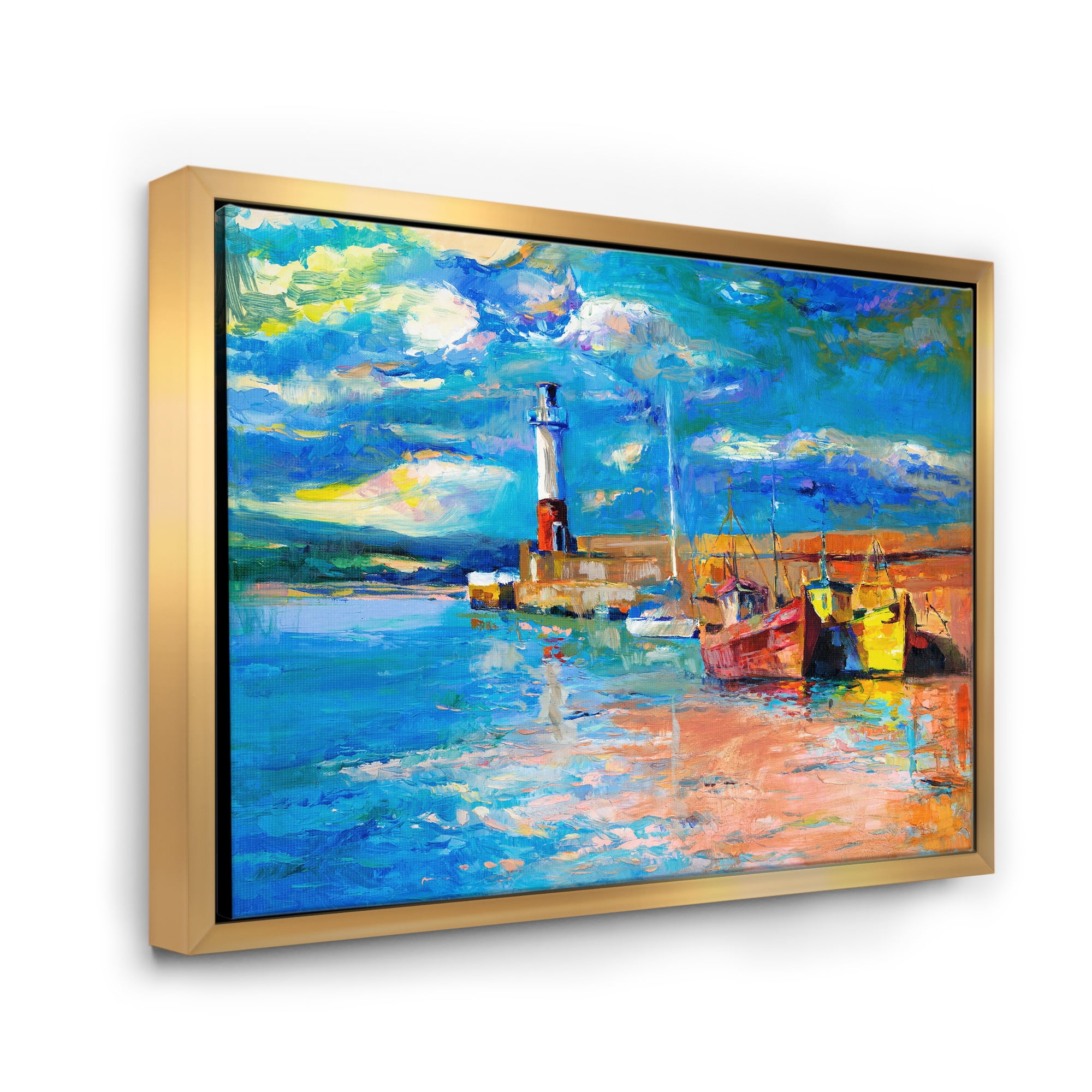 Designart 'Lighthouse By The Shore In Evening Glow ' Nautical & Coastal Framed Canvas Wall Art Print