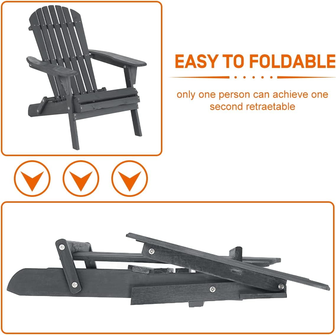 Dkelincs Folding Adirondack Chair Set of 2 Weather Resistant Patio Lawn Chair Wooden Outdoor Chairs for Garden Backyard, Grey