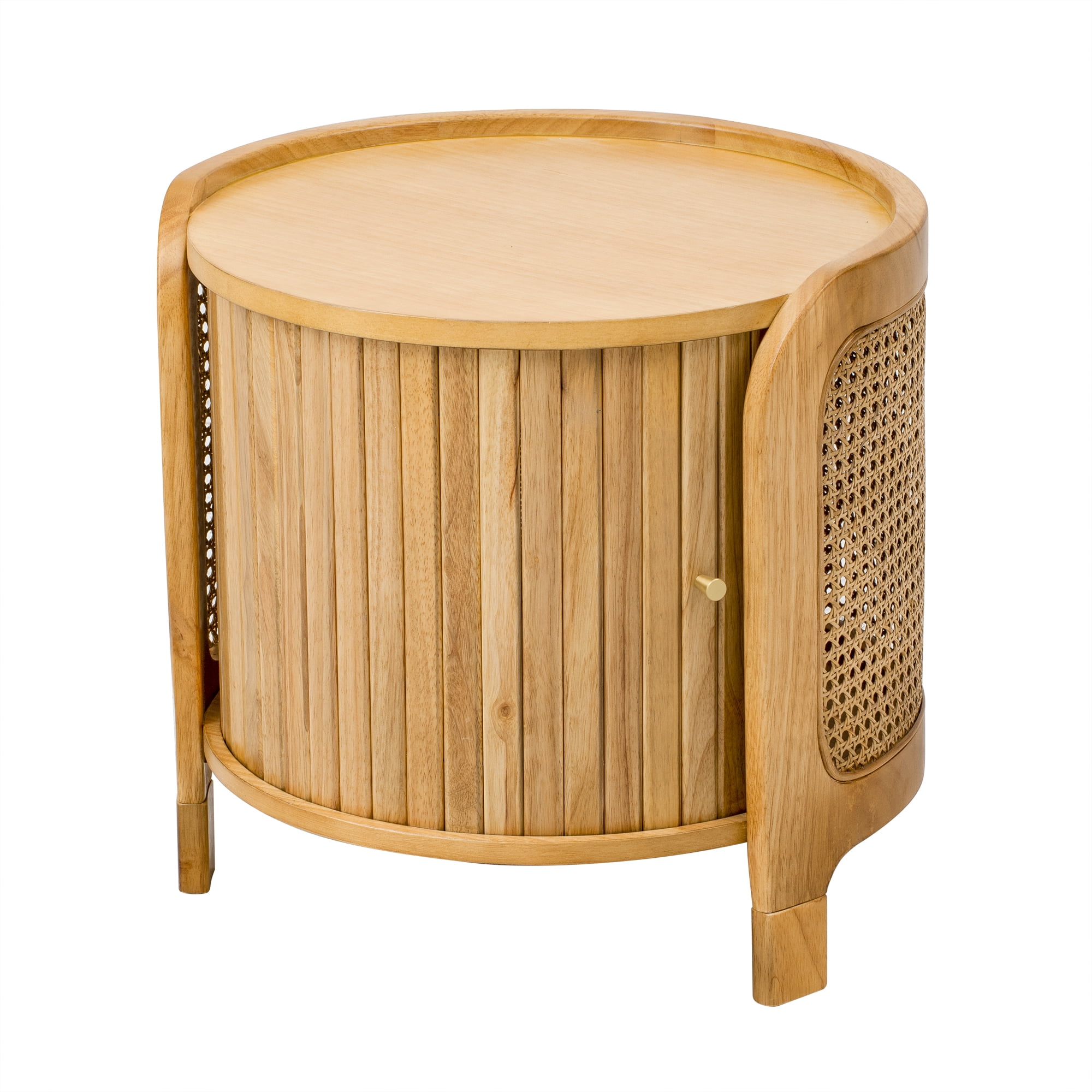 Round Coffee Table with Rattan Accents and Hidden Storage, 19.7-Inch Modern Rotating Side Table for Living Room, Antique Brown