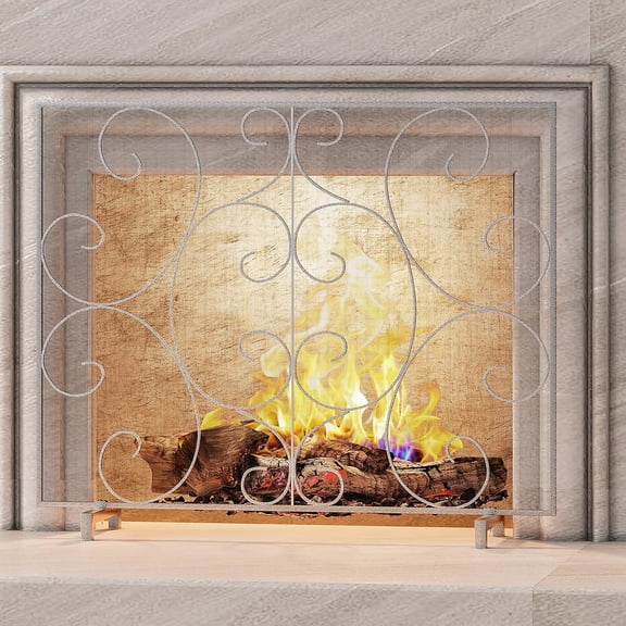 Single Panel Decorative Fireplace Screen Stand Alone Cover Handcrafted Durable Metal Mesh, Heat-Resistant Free Standing Fire Spark Guard Mesh 37.8" L x 8.8" W x 30.7" H Pewter