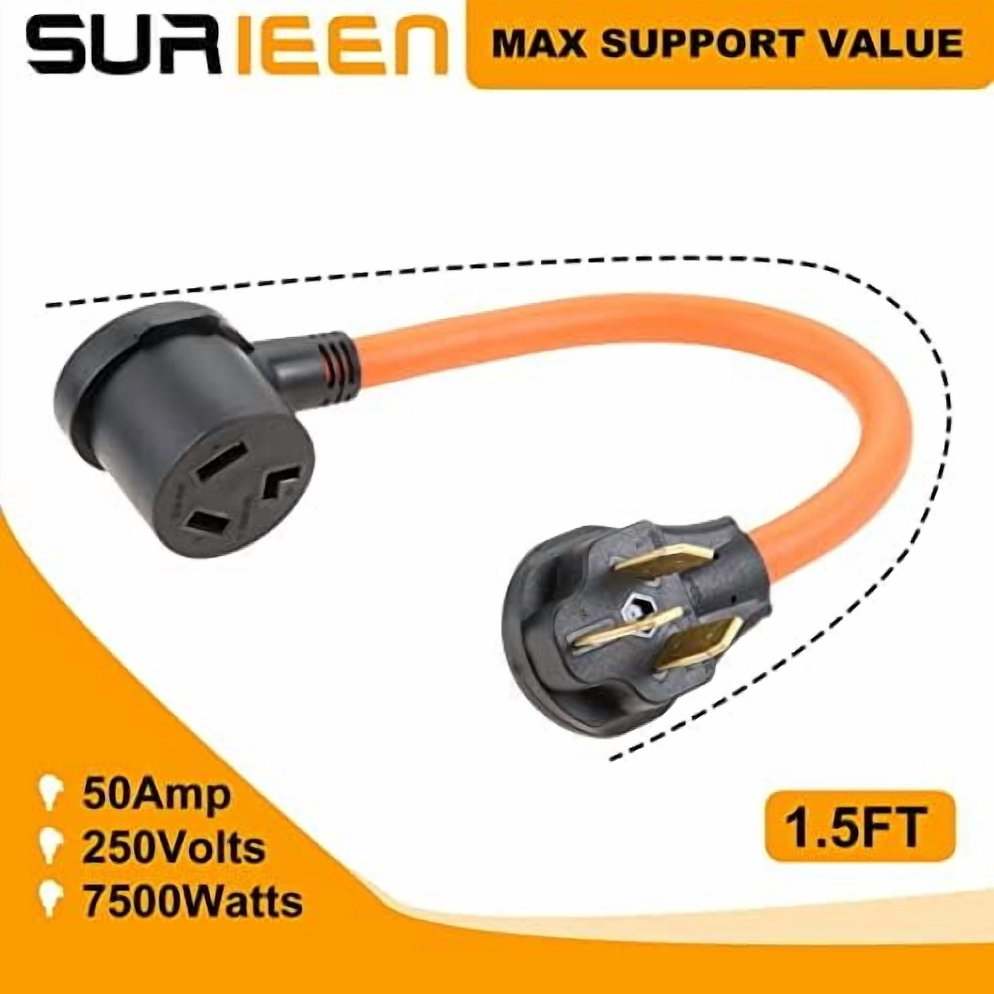 NEMA 10-50P Male to 10-30R Female Dryer Adapter Plug, 1.5FT 3 Prong to 3 Prong Dryer Adapter Cord, 50 Amp Male Plug to 30 Amp Socket STW 10/3 AWG, 250V