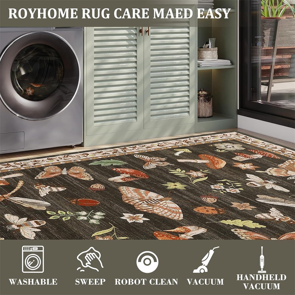 Washable Runner Rug Modern Insect Floral Print Area Rug Mushroom Carpet for Kitchen Stain Resistant Carpet with Non-Slip Backing Low Pile Floor Cover for Hallway Laundry Bedroom